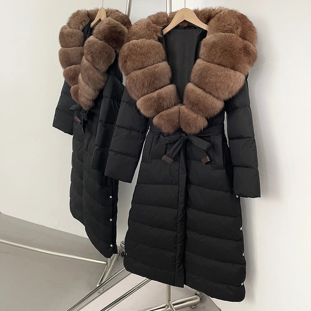 Real Faux Fur Collar Puffer Jacket Duck Down Thick Coat For Women