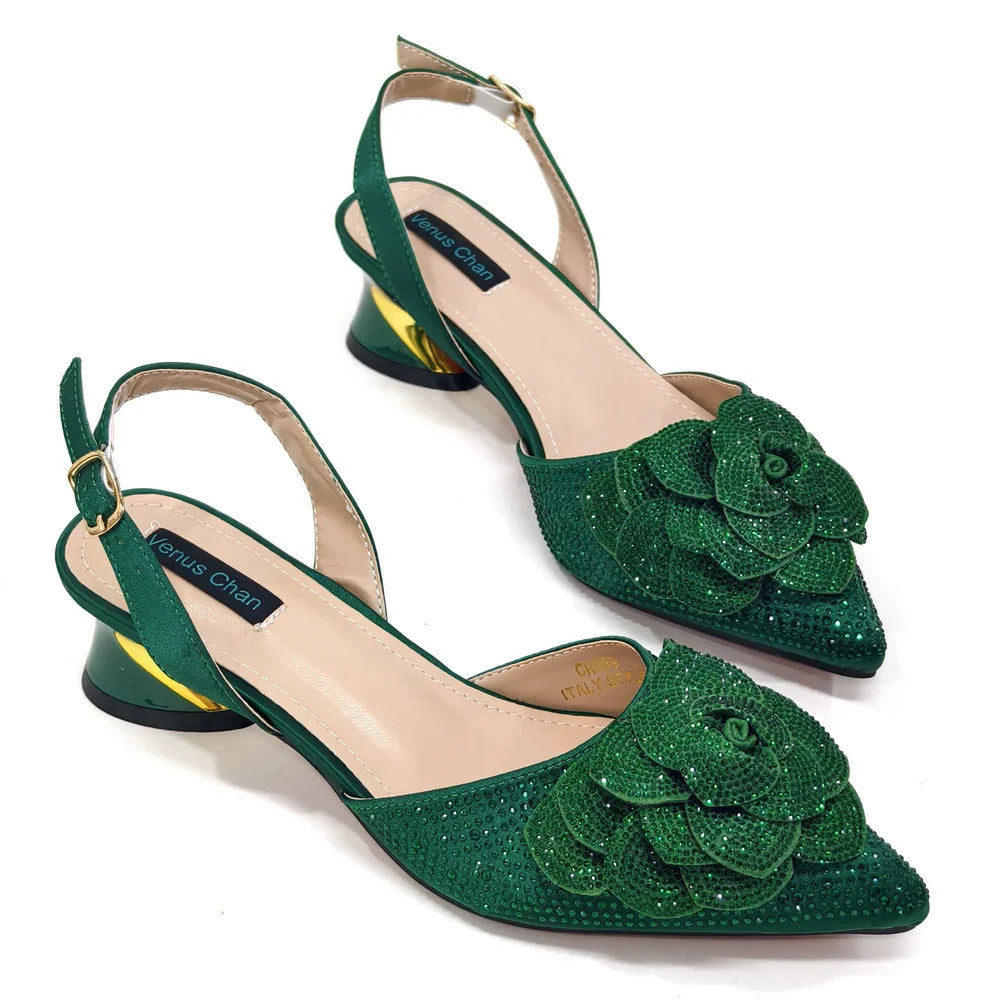 Women's Pointed-Toe Large Flower Decoration Rhinestone Low Heel Italian Shoes