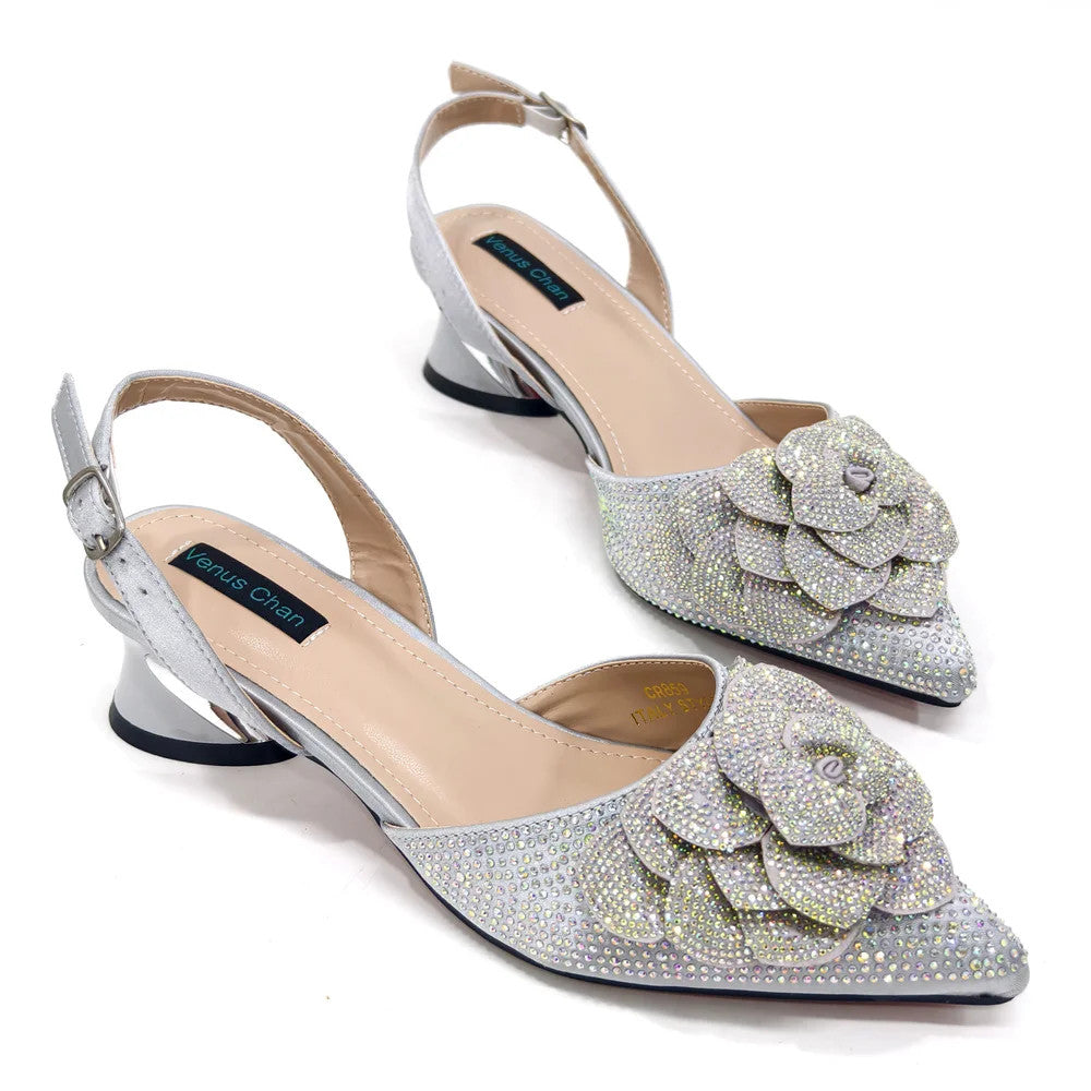 Women's Pointed-Toe Large Flower Decoration Rhinestone Low Heel Italian Shoes