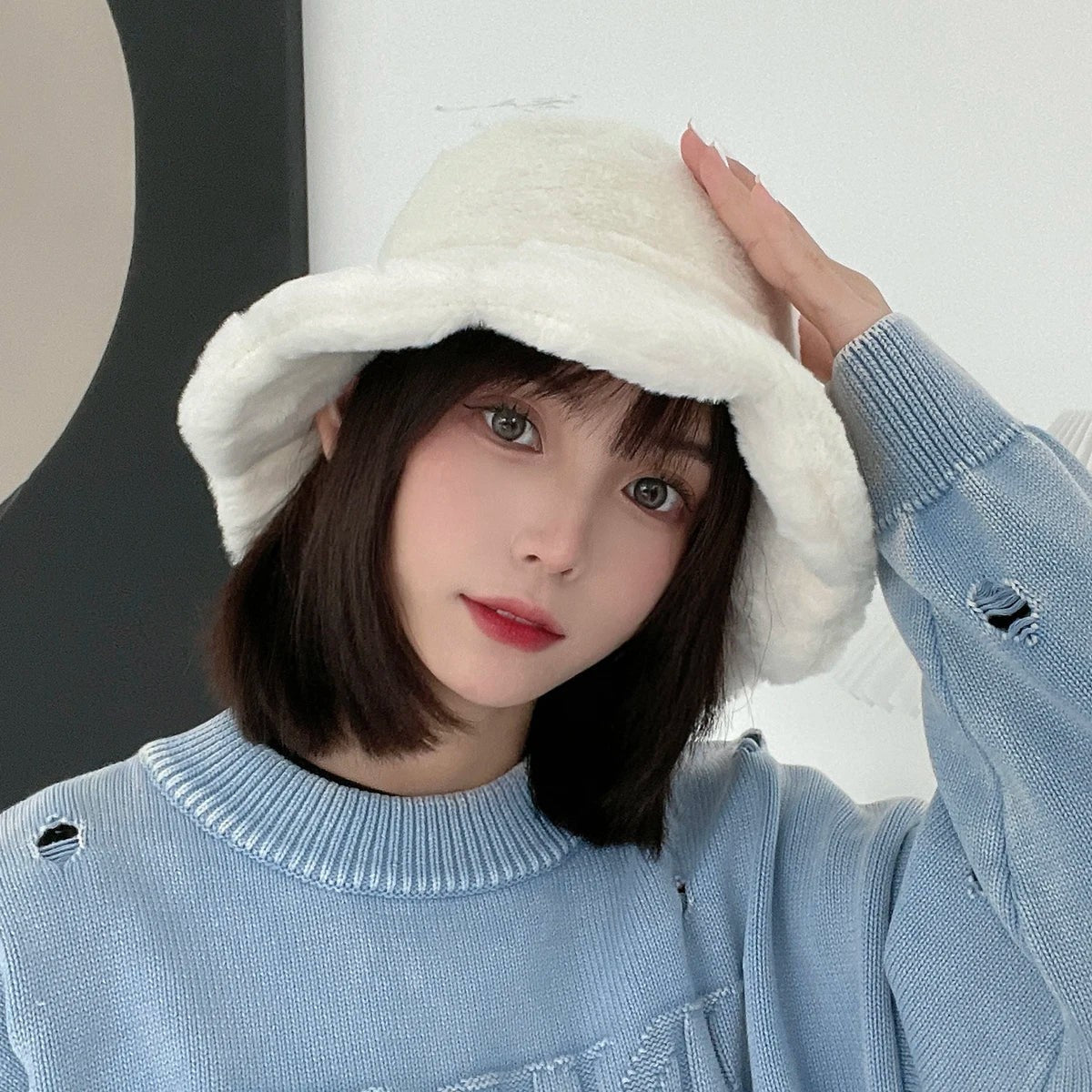 Women Girls Faux Fur Bucket Hat Plush Warm Fisherman Hat Outdoor Windproof