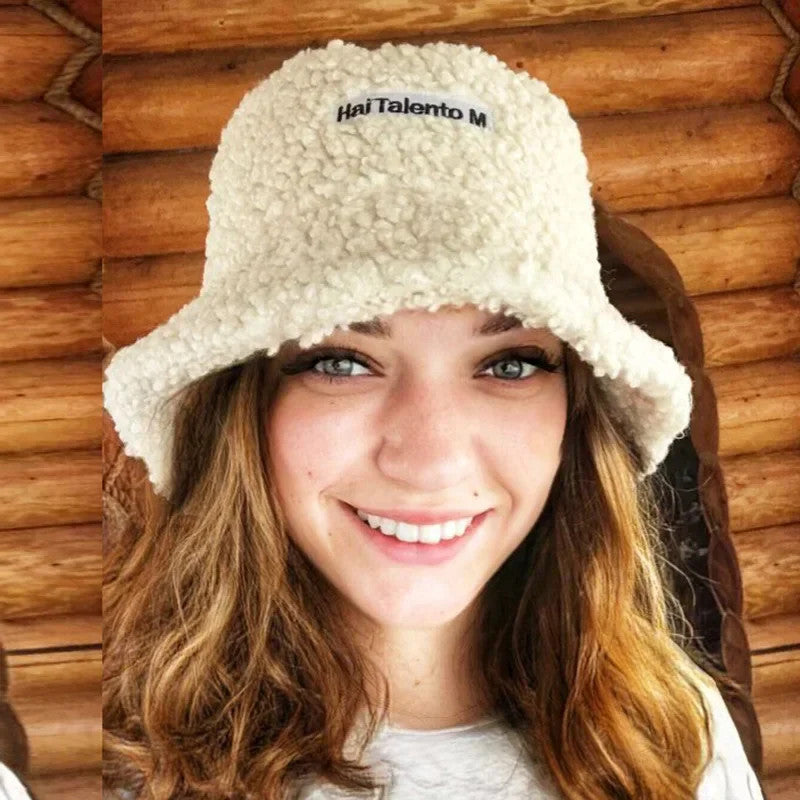 Women Girls Faux Fur Bucket Hat Plush Warm Fisherman Hat Outdoor Windproof