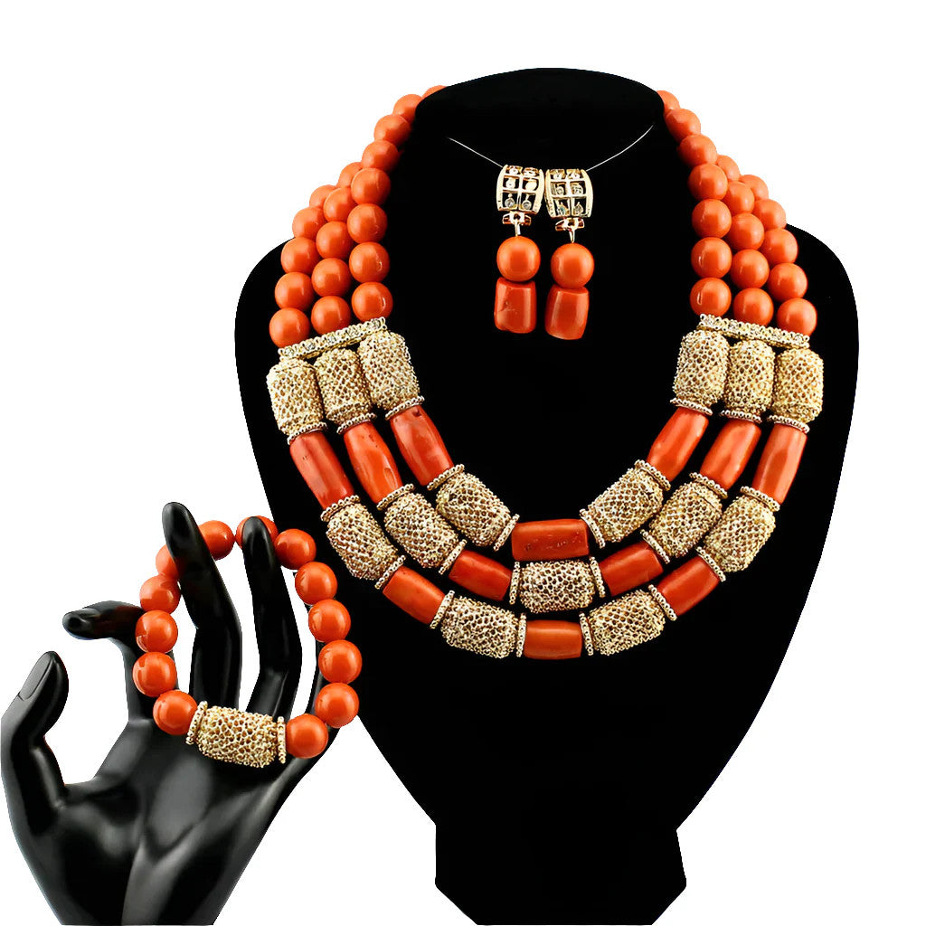 Latest Coral Jewelry Sets Nigerian Dubai Orange Necklace Sets of Beads African