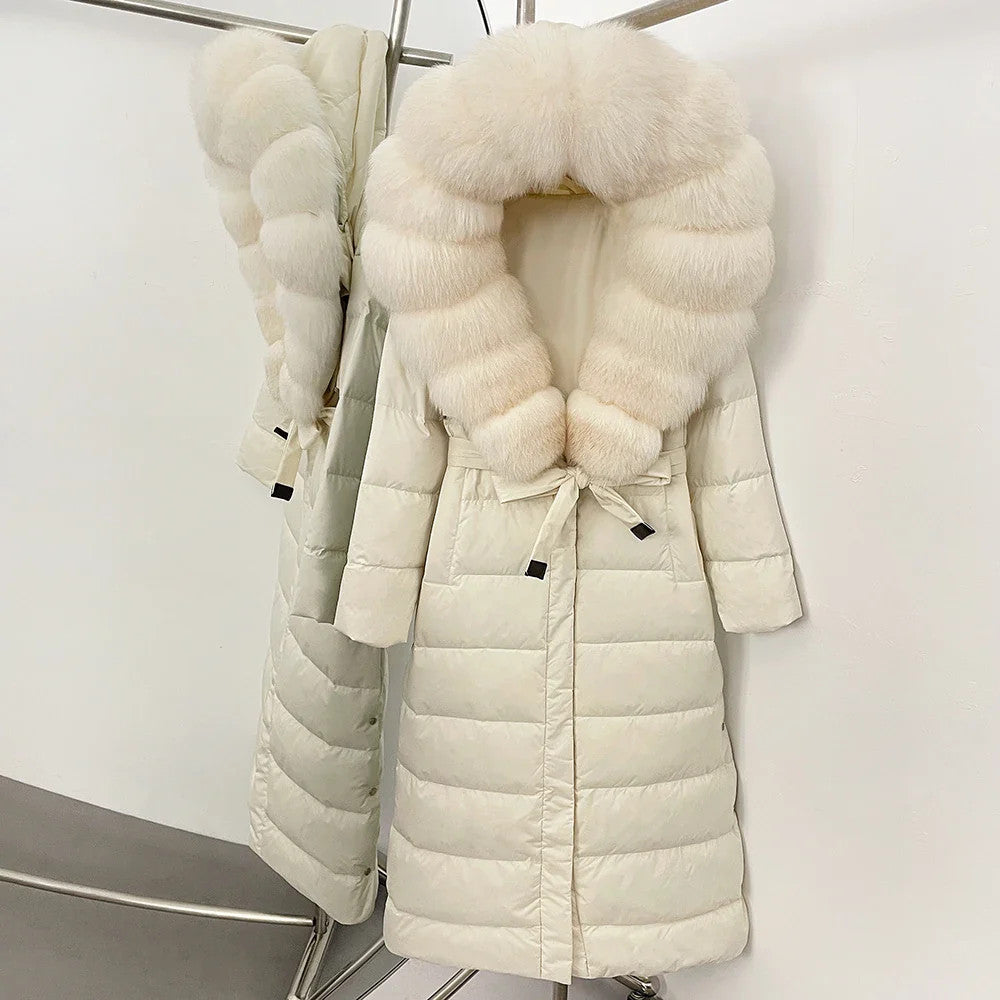 Real Faux Fur Collar Puffer Jacket Duck Down Thick Coat For Women