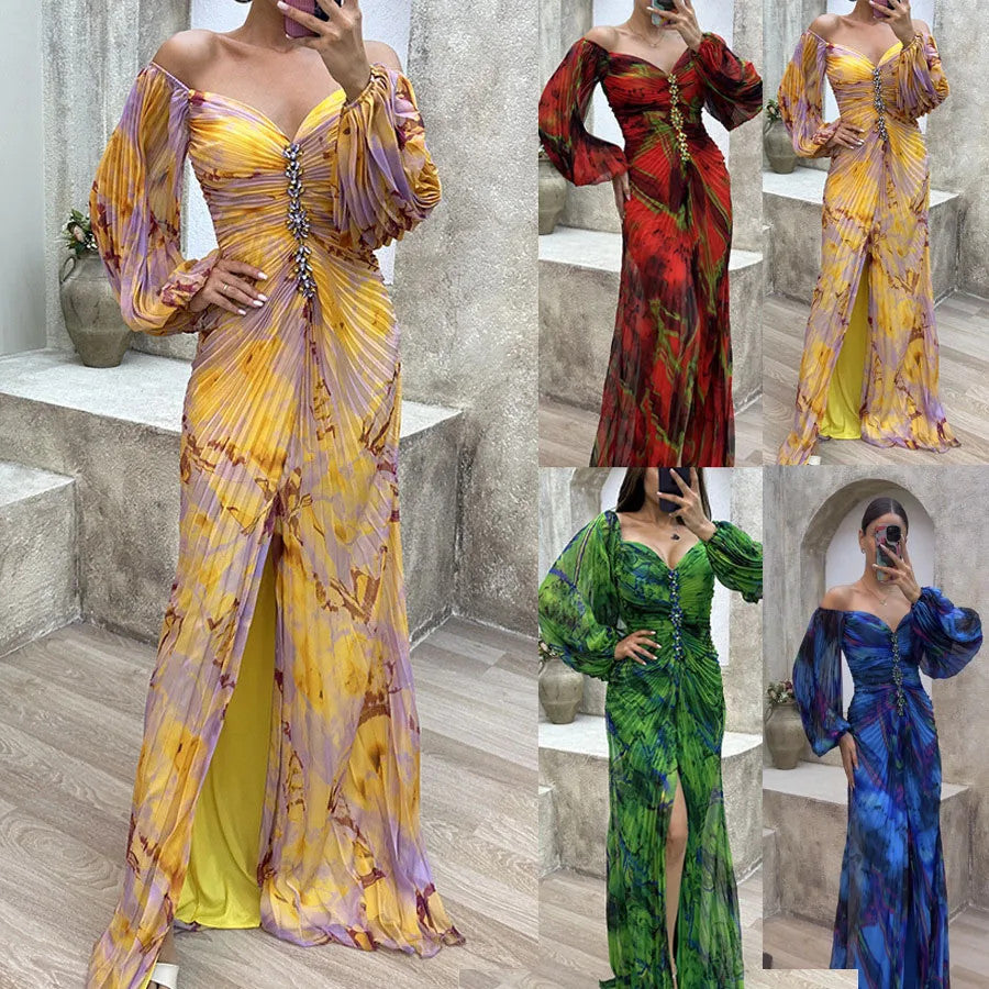 Women Floral Lantern Long Sleeve Dress Elegant Rhinestone Off Shoulder Maxi