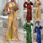Women Floral Lantern Long Sleeve Dress Elegant Rhinestone Off Shoulder Maxi