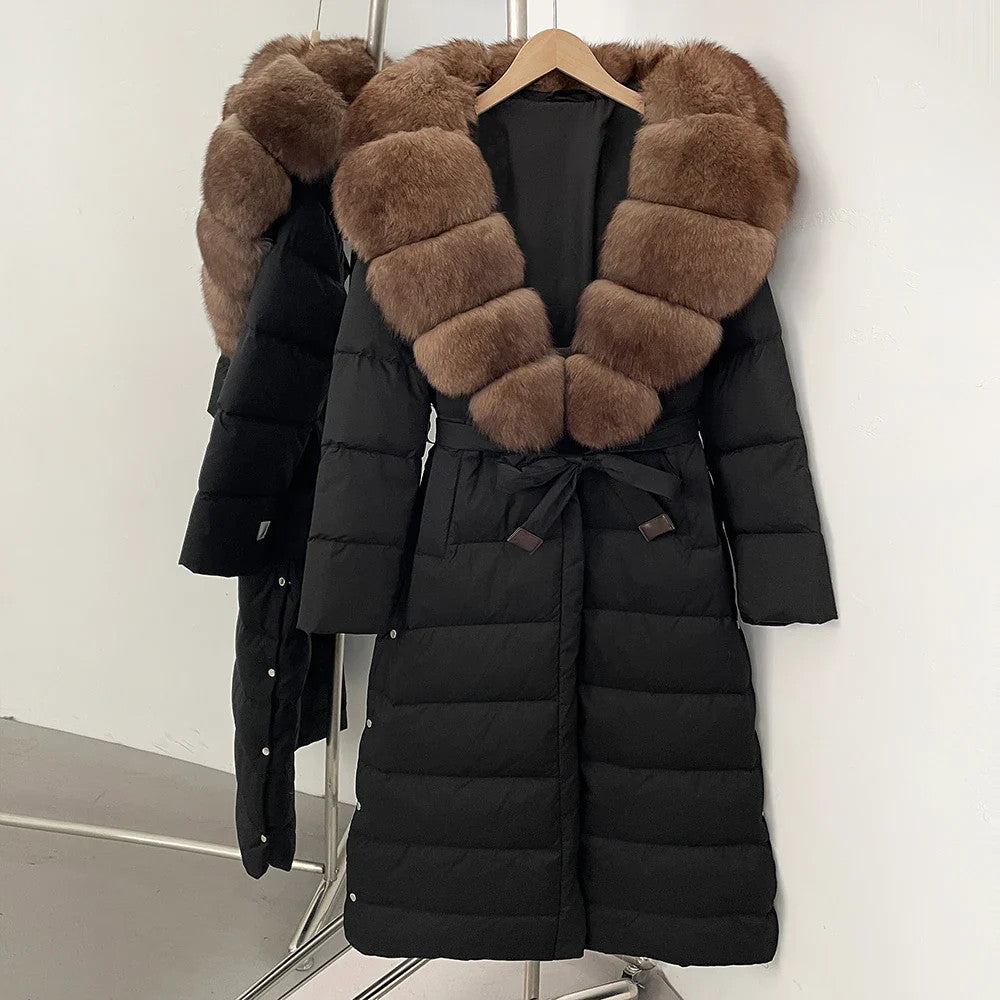 Real Faux Fur Collar Puffer Jacket Duck Down Thick Coat For Women