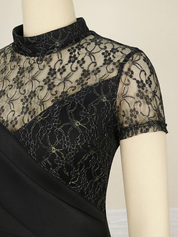 Black Long Prom Dresses High Neck Lace Patchwork Bodycon Women Evening Cocktail