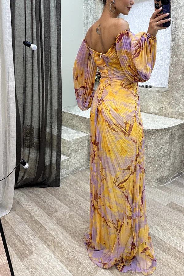 Women Floral Lantern Long Sleeve Dress Elegant Rhinestone Off Shoulder Maxi