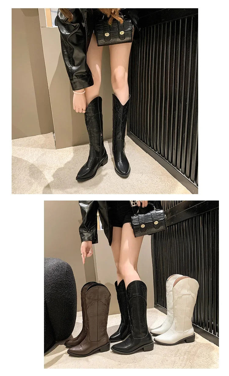 Vintage Black Western Cowboy Boots for Women Heels PU Leather Ankle Booties