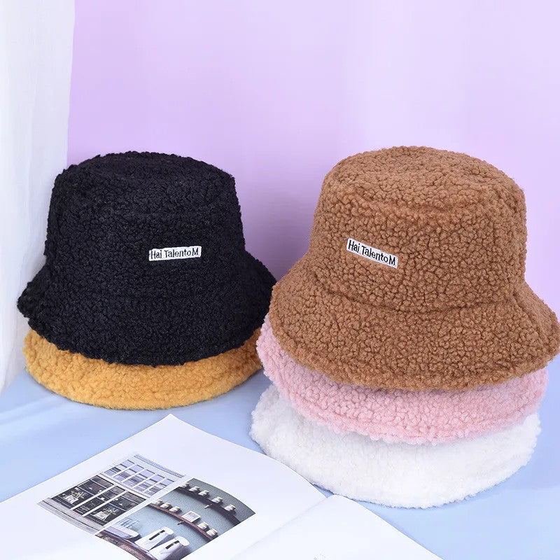 Women Girls Faux Fur Bucket Hat Plush Warm Fisherman Hat Outdoor Windproof