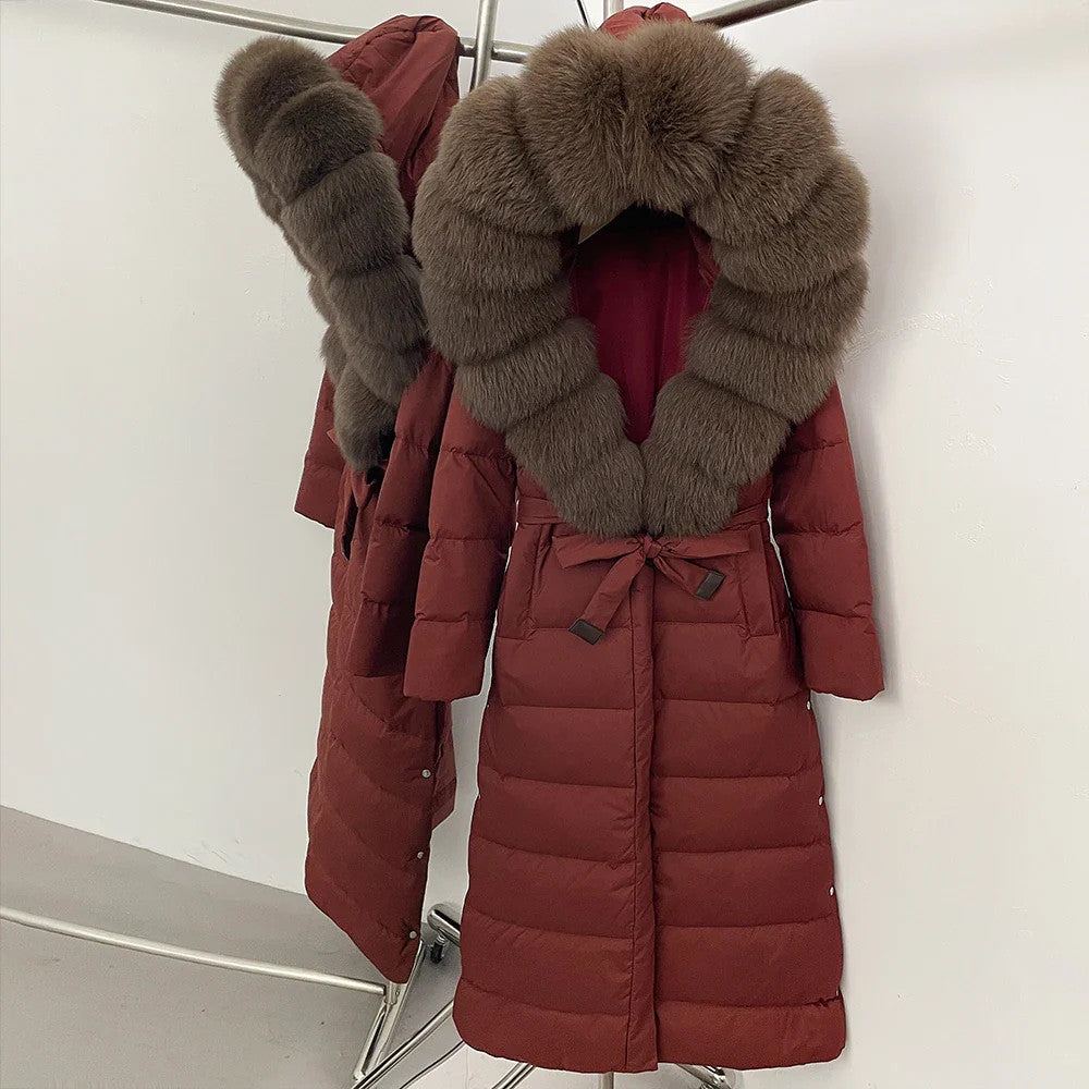 Real Faux Fur Collar Puffer Jacket Duck Down Thick Coat For Women