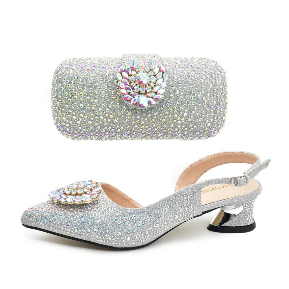Elegant Italian Women's Rhinstone Pumps Heels Shoes and Bag Set To Match for