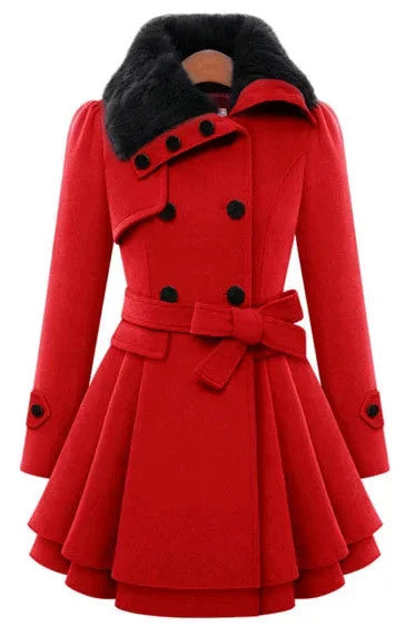 Women's Long Slimming Woollen Jacket Double Row Buttoned Narrow Fit Casual