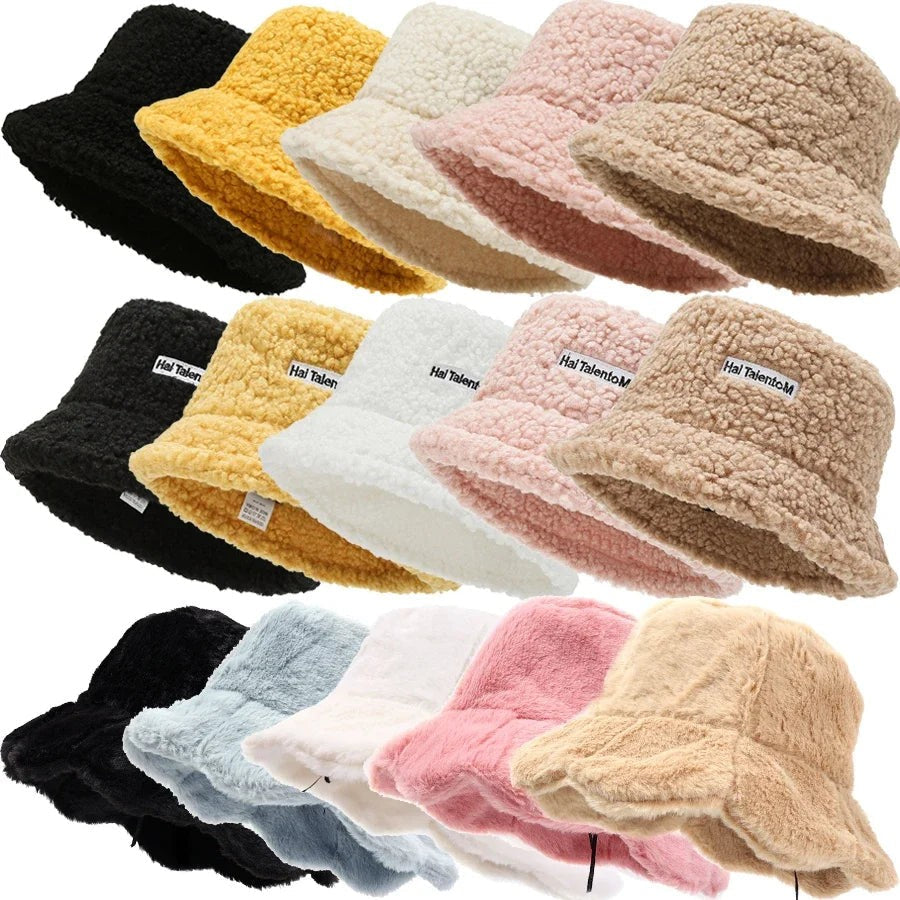 Women Girls Faux Fur Bucket Hat Plush Warm Fisherman Hat Outdoor Windproof