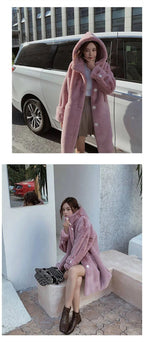 Winter Women's Faux Rabbit Fur Coat Hooded Thick And Plush Jacket