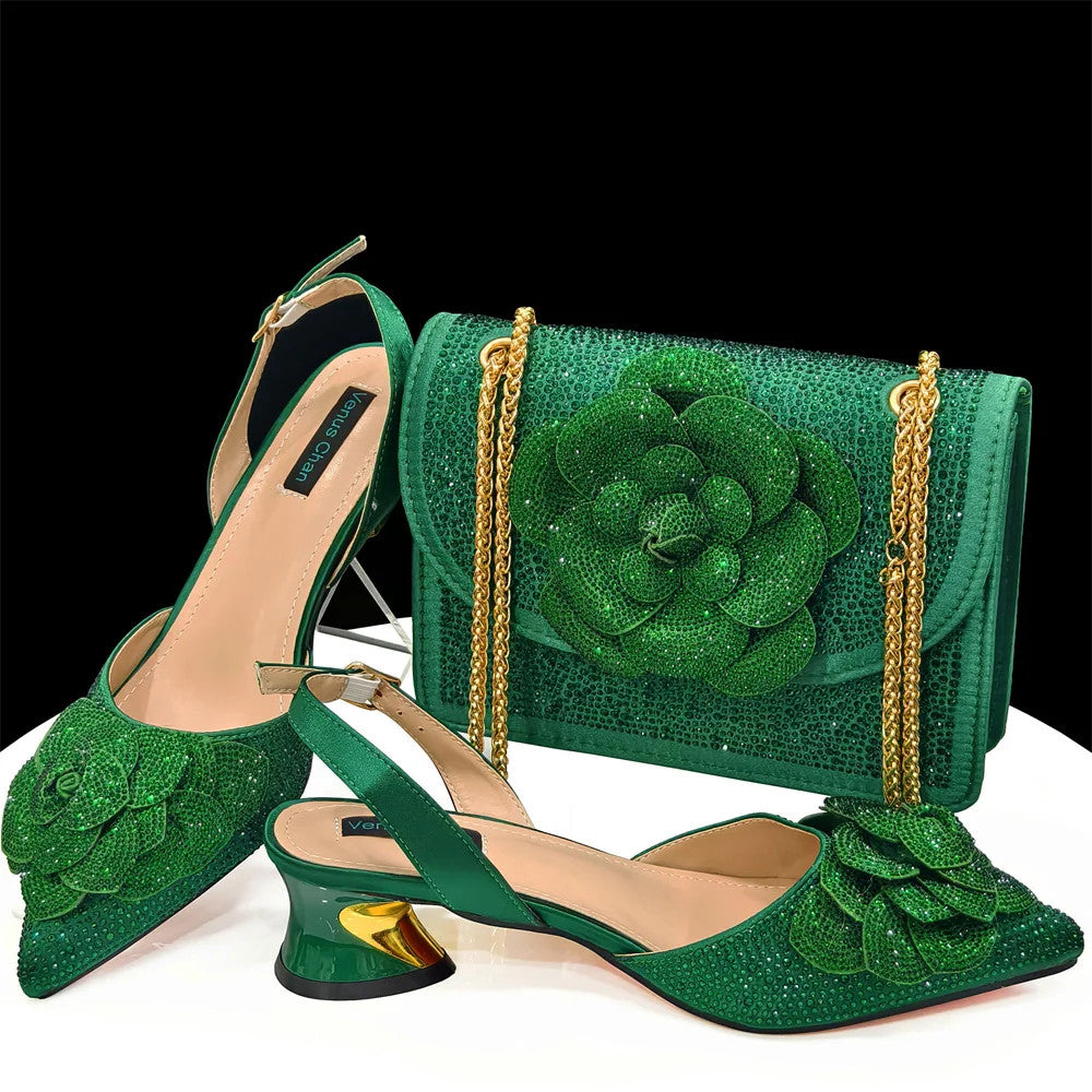 Women's Pointed-Toe Large Flower Decoration Rhinestone Low Heel Italian Shoes