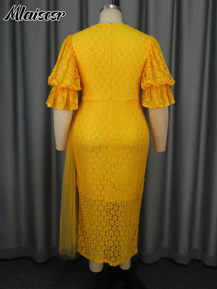 Mlaiscsr Yellow Birthday Prom Floral Lace Puff Sleeve See-Through Midi Dresses