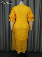 Mlaiscsr Yellow Birthday Prom Floral Lace Puff Sleeve See-Through Midi Dresses
