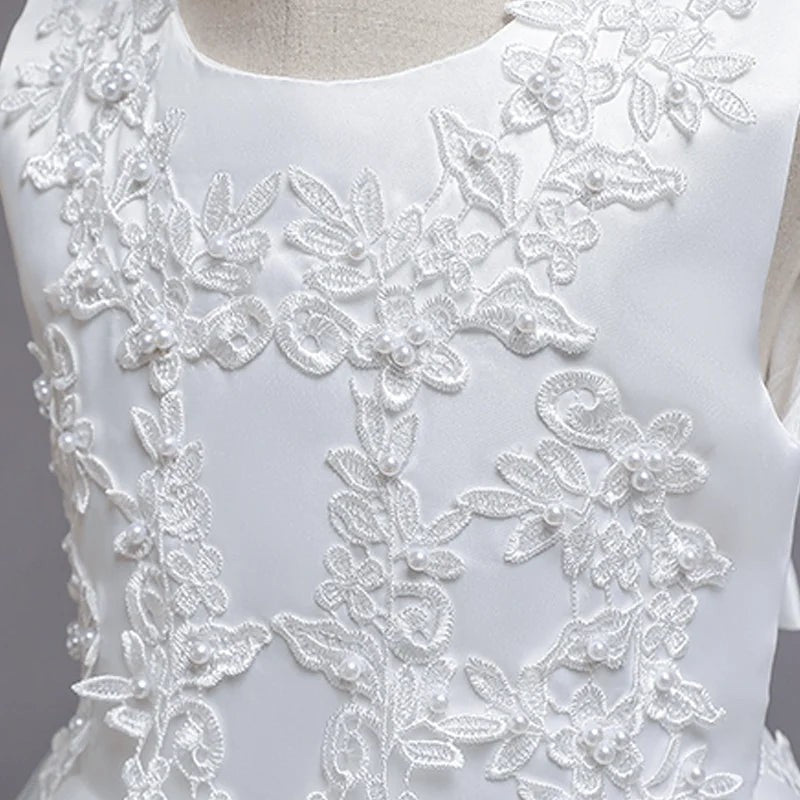 Girls White Lace Pearl Flower Princess Dress For Sequins Sleeveless First