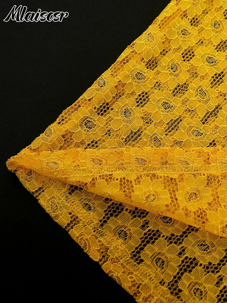Mlaiscsr Yellow Birthday Prom Floral Lace Puff Sleeve See-Through Midi Dresses