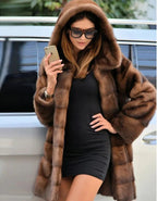 Women's mink fur coat medium long hooded Jacket