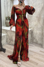 Women Floral Lantern Long Sleeve Dress Elegant Rhinestone Off Shoulder Maxi