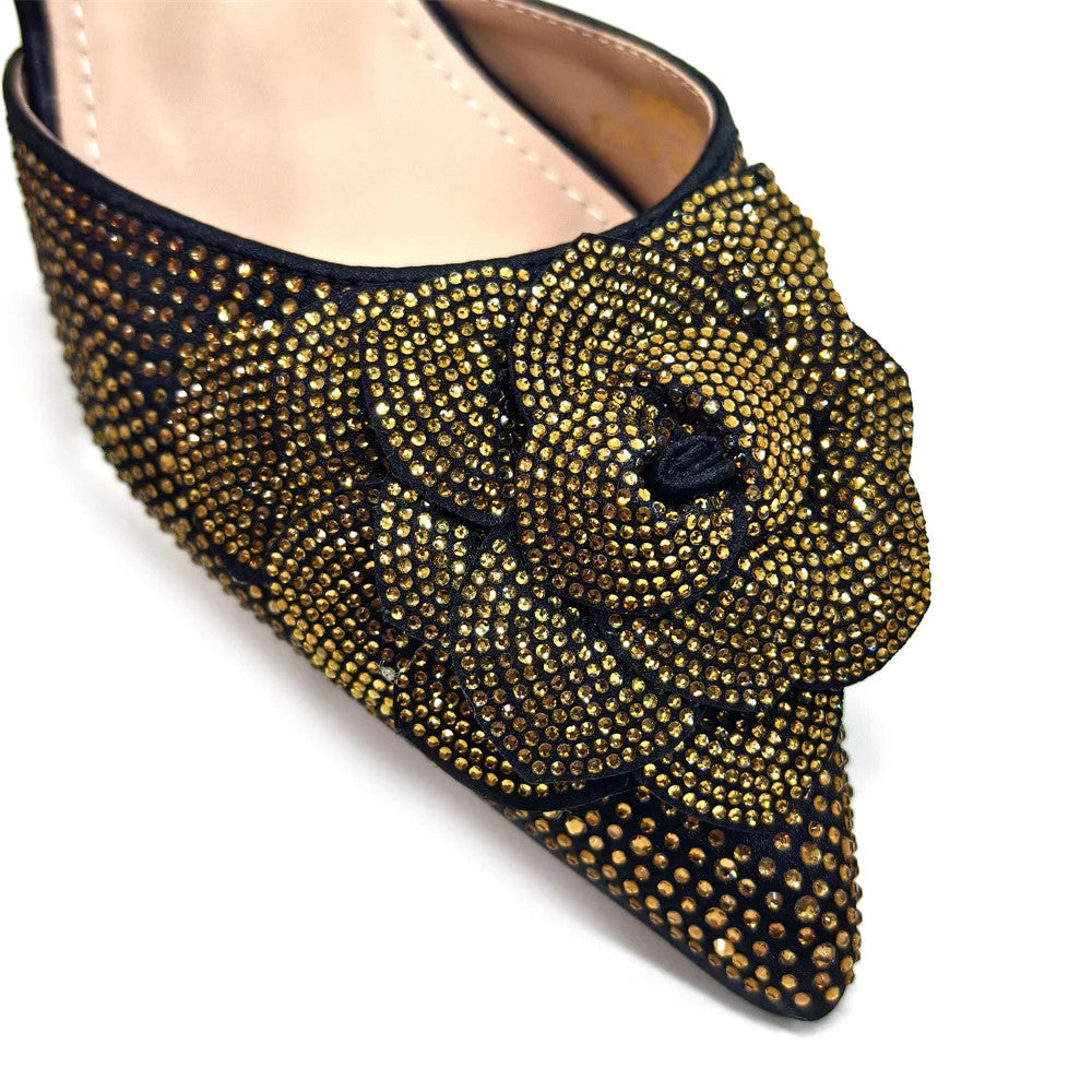 Women's Pointed-Toe Large Flower Decoration Rhinestone Low Heel Italian Shoes
