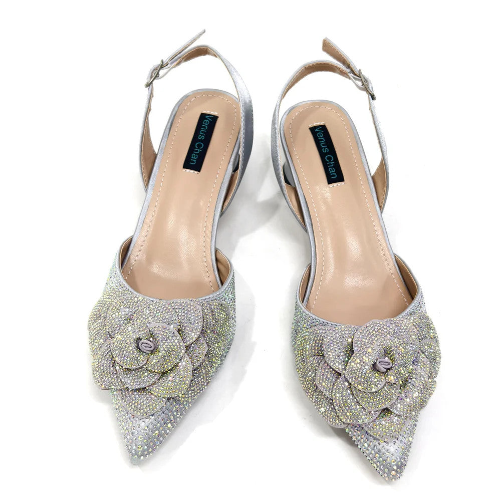 Women's Pointed-Toe Large Flower Decoration Rhinestone Low Heel Italian Shoes