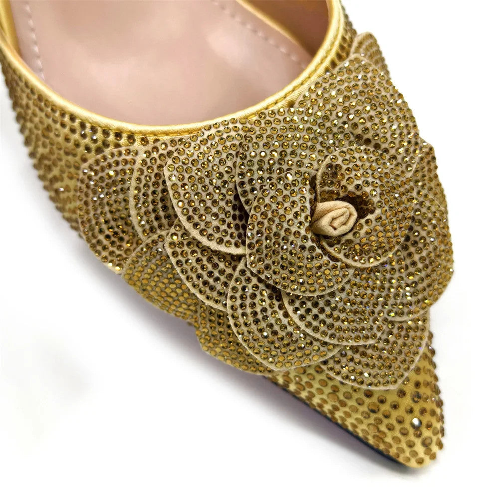 Women's Pointed-Toe Large Flower Decoration Rhinestone Low Heel Italian Shoes