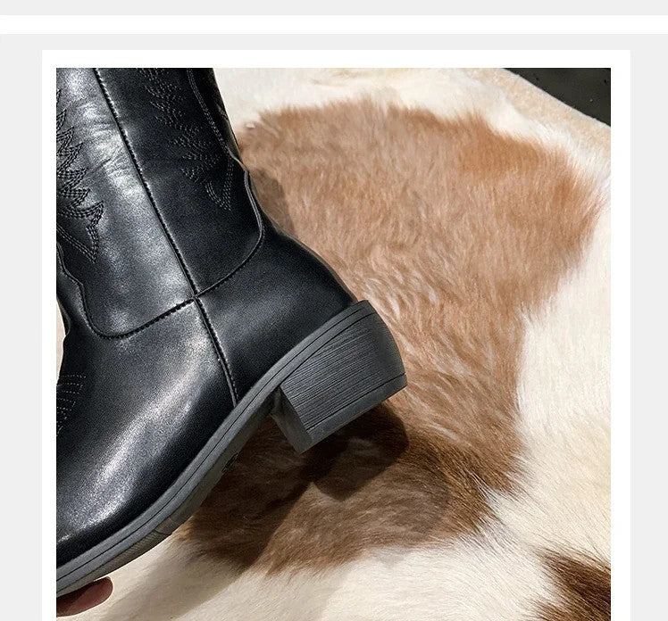Vintage Black Western Cowboy Boots for Women Heels PU Leather Ankle Booties