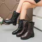 Women'S Quilted Mid-Calf Boots with Buckle Detail - Solid Color Platform Heel