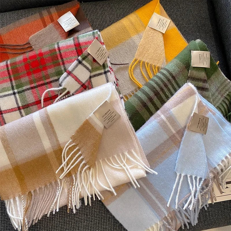 High Quality 100% Pure Wool Plaid Scarf Women Couples Winter Autumn Soft Warm