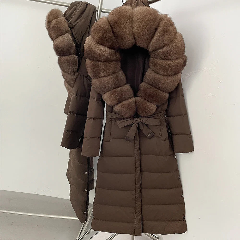 Real Faux Fur Collar Puffer Jacket Duck Down Thick Coat For Women