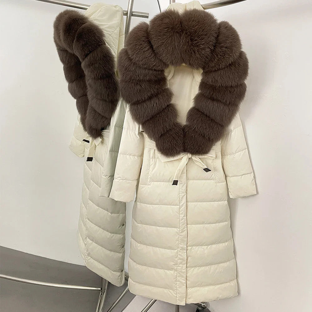 Real Faux Fur Collar Puffer Jacket Duck Down Thick Coat For Women