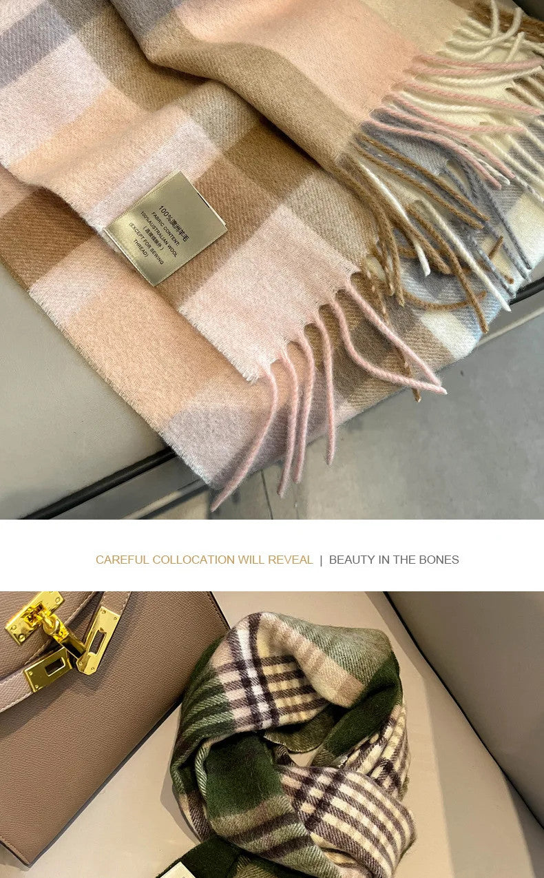 High Quality 100% Pure Wool Plaid Scarf Women Couples Winter Autumn Soft Warm