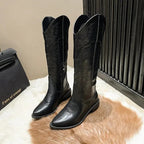 Vintage Black Western Cowboy Boots for Women Heels PU Leather Ankle Booties