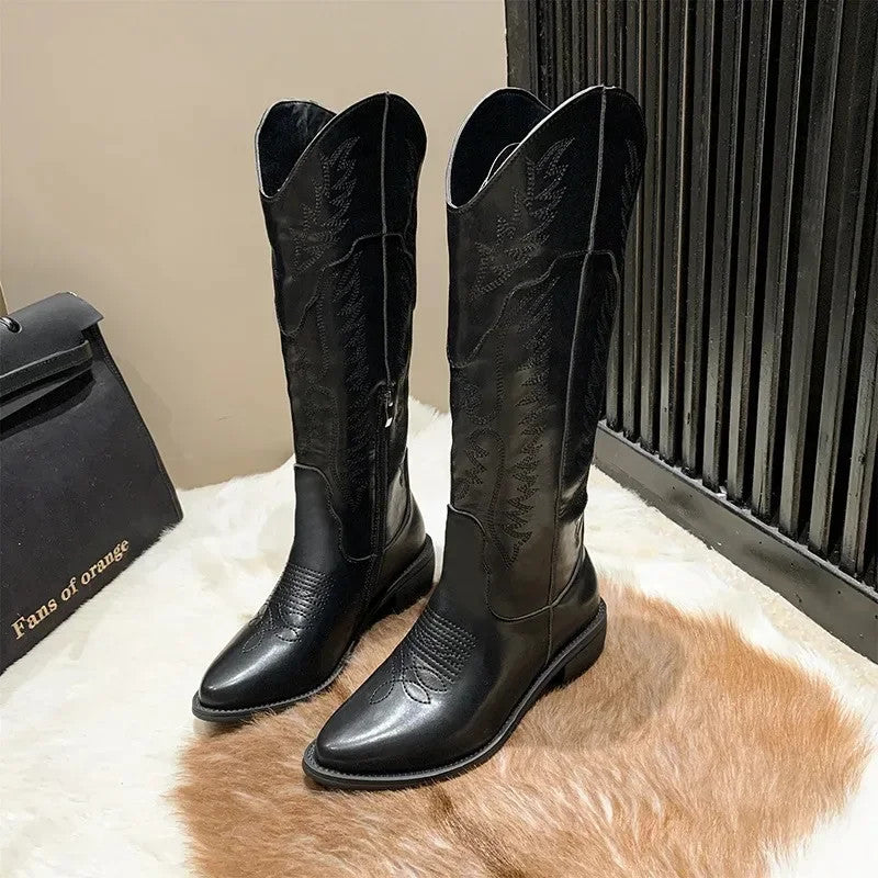 Vintage Black Western Cowboy Boots for Women Heels PU Leather Ankle Booties