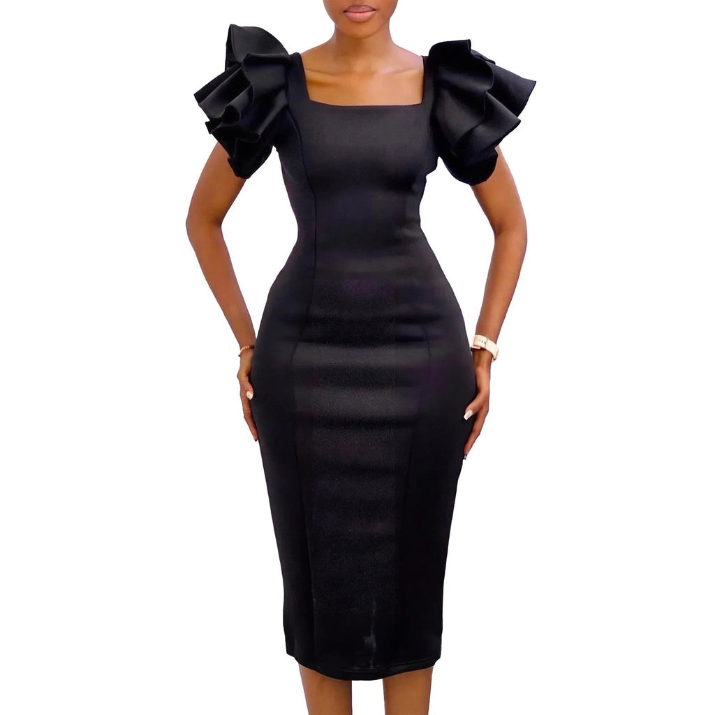 CM.YAYA Women Ruffles Short Sleeve Square Collar Knee Length Dress Street