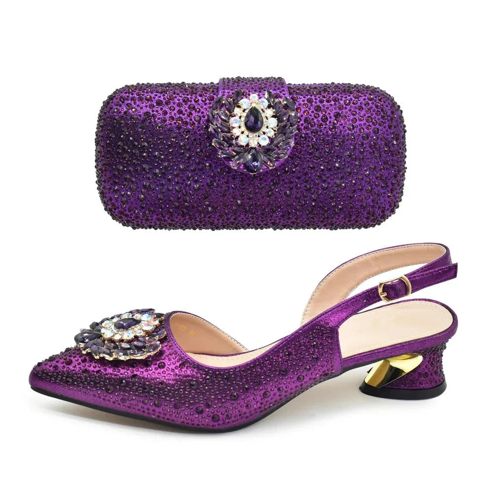 Elegant Italian Women's Rhinstone Pumps Heels Shoes and Bag Set To Match for