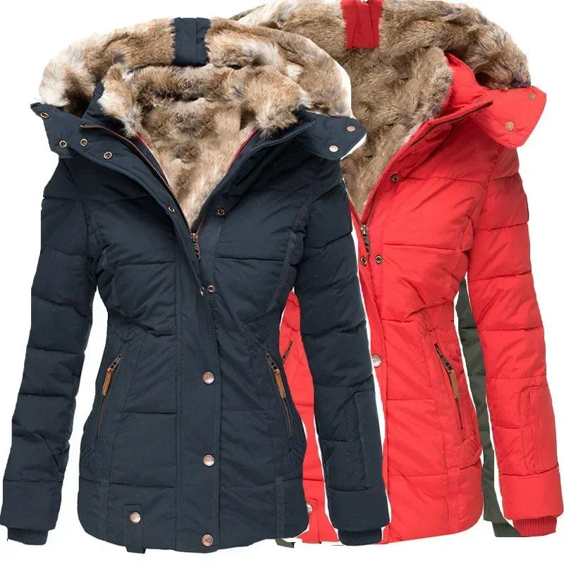 Winter Warm Wool Collar Cotton Coat Womens Zipper Long Sleeve Slim Fit Hooded