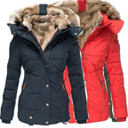 Winter Warm Wool Collar Cotton Coat Womens Zipper Long Sleeve Slim Fit Hooded