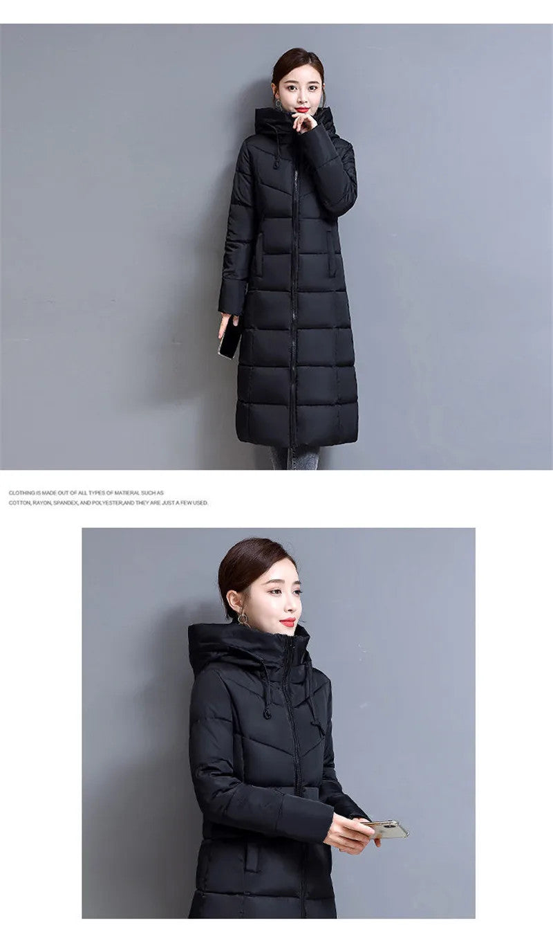 Winter Hooded Jacket Over The Knee Long Thick Women's Slim-Fitting Down Padded