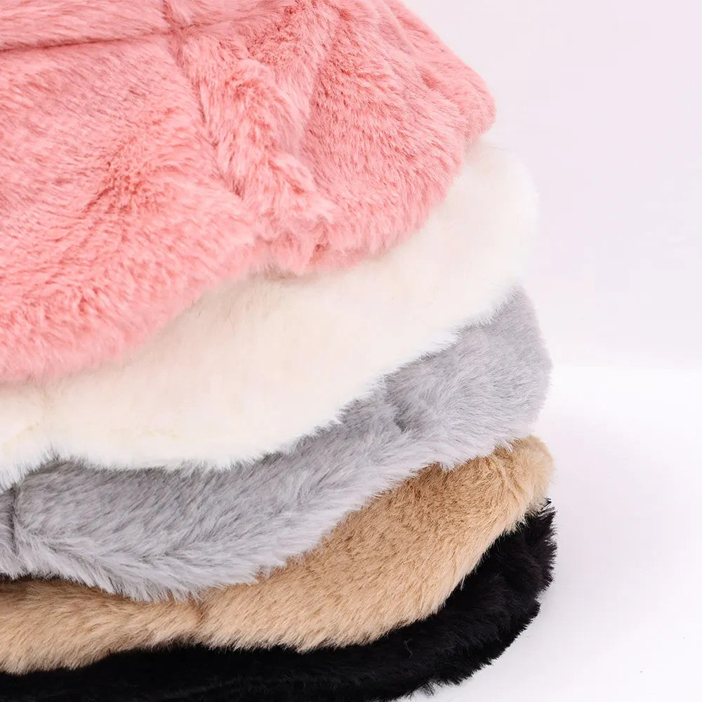 Women Girls Faux Fur Bucket Hat Plush Warm Fisherman Hat Outdoor Windproof