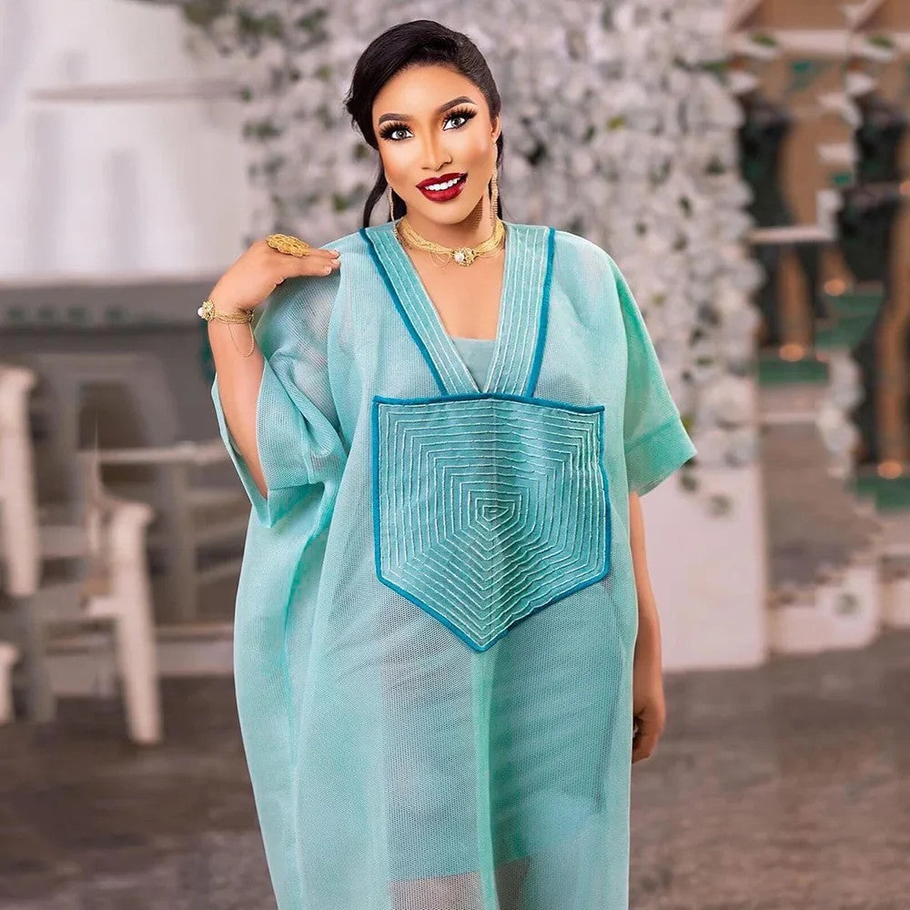 African Modern design blue mesh embroidered deep V-neck plus size skirt with