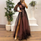 2024 Womens Evening Dress One Shoulder Pleated Pleated Mesh Single Long Sleeve