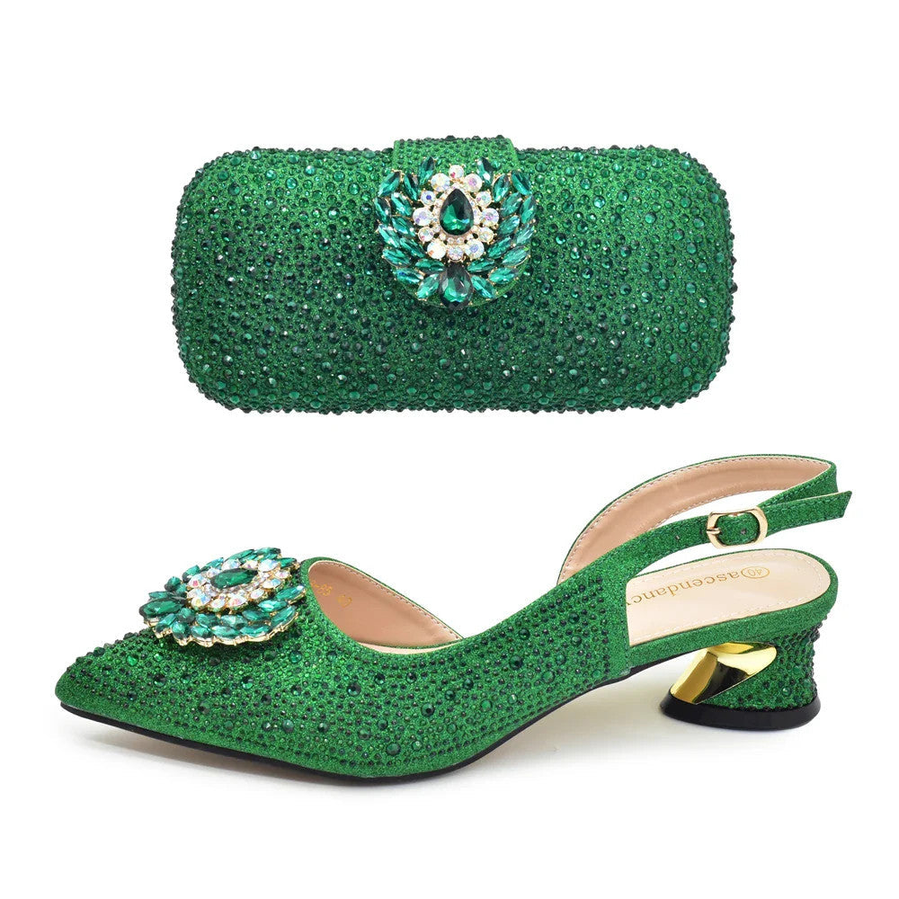 Elegant Italian Women's Rhinstone Pumps Heels Shoes and Bag Set To Match for
