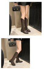 Vintage Black Western Cowboy Boots for Women Heels PU Leather Ankle Booties