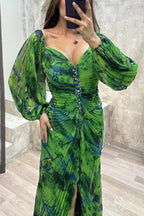 Women Floral Lantern Long Sleeve Dress Elegant Rhinestone Off Shoulder Maxi
