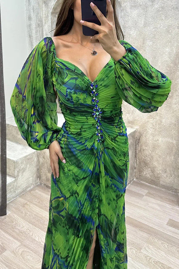 Women Floral Lantern Long Sleeve Dress Elegant Rhinestone Off Shoulder Maxi