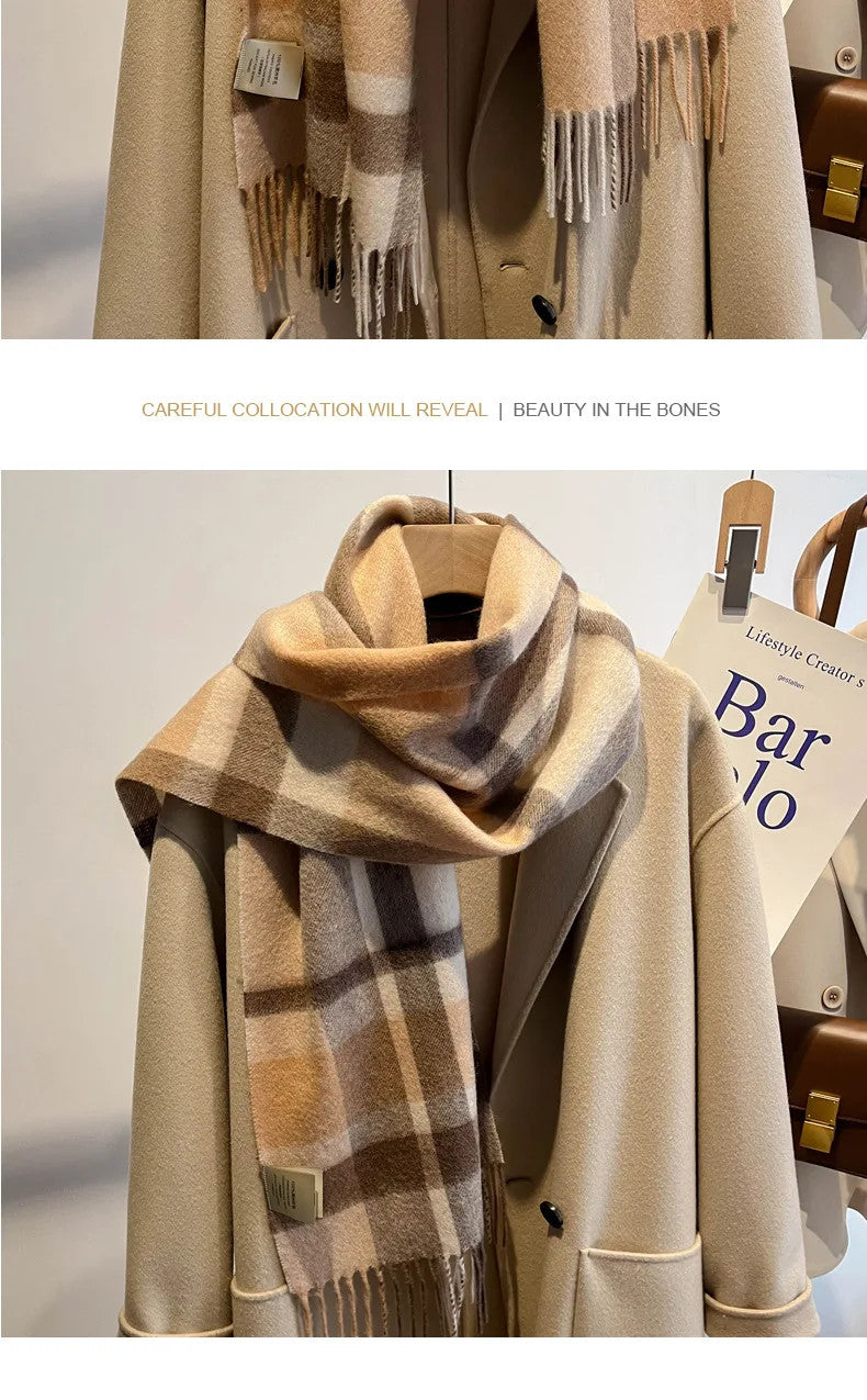 High Quality 100% Pure Wool Plaid Scarf Women Couples Winter Autumn Soft Warm